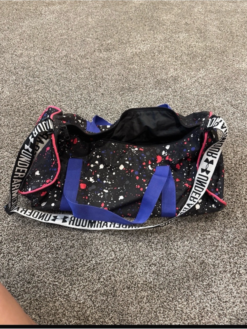 Under Armour Black Splatter Travel Duffel with Blue Handles and Pink Trim